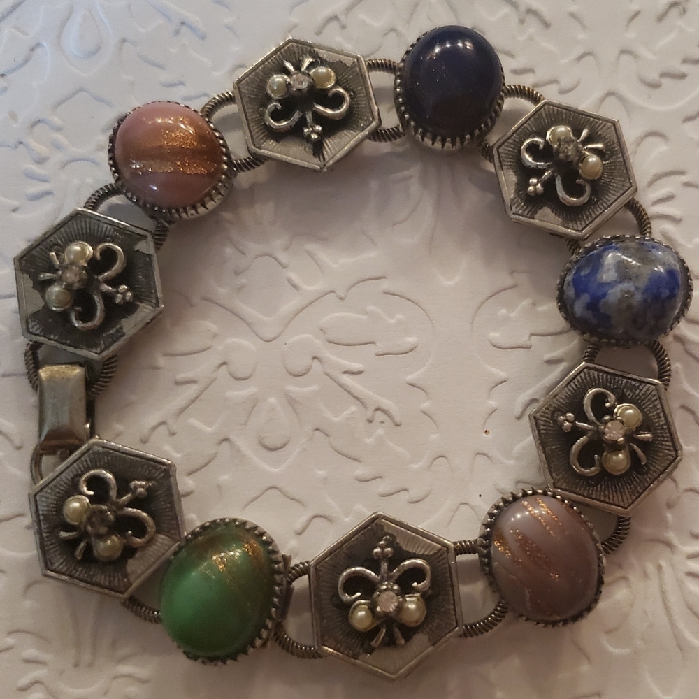 Vintage 7" Florenza style Victorian revival link bracelet silver multicolored